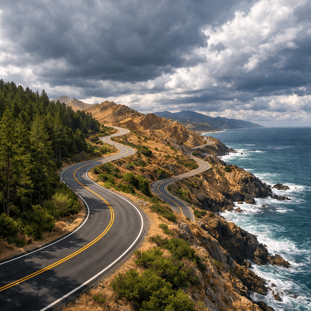 Winding road along coastal mountains with ocean waves crashing on rocks and cloudy sky