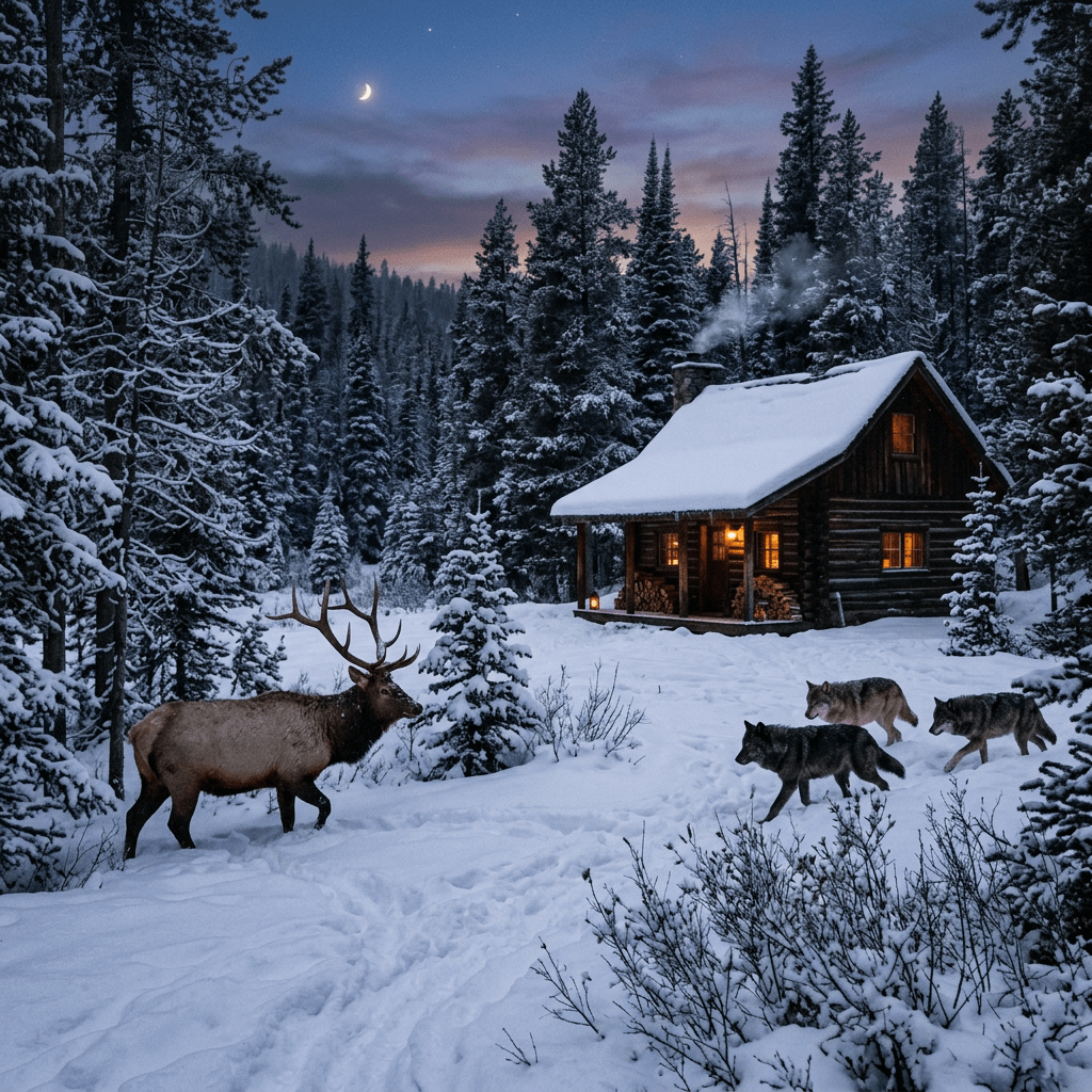 Elk standing in snow near wolves approaching a lit wooden cabin in snowy forest