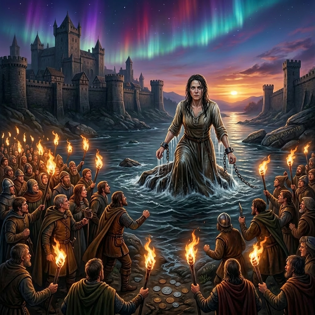 Woman in chains standing in water facing a crowd with torches in front of a medieval castle