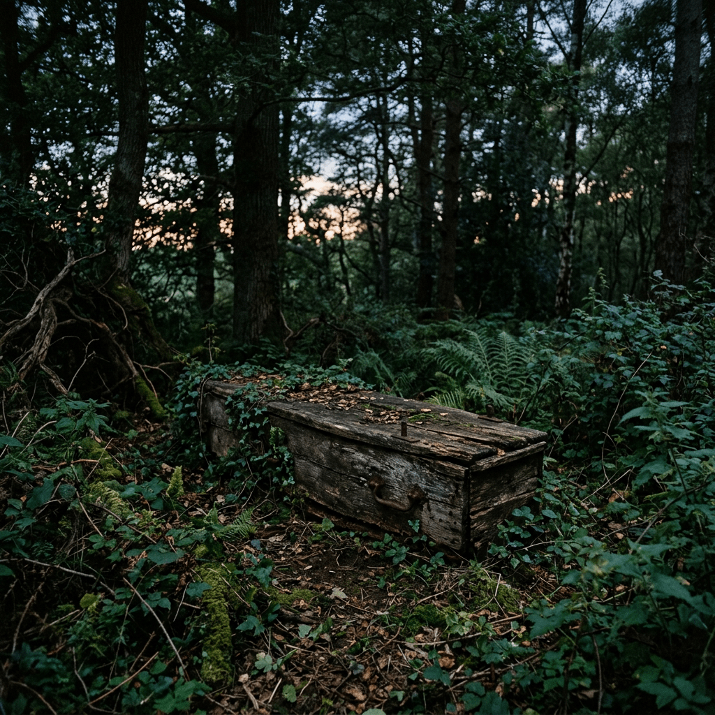 Weathered wooden chest covered in moss and leaves amid dense green forest plants