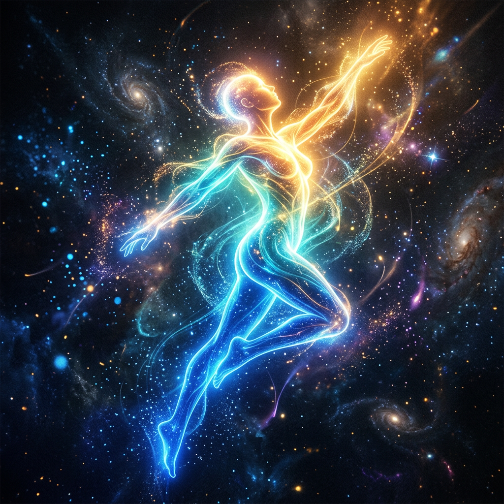 Luminous human figure with blue and golden energy surrounded by stars and galaxies