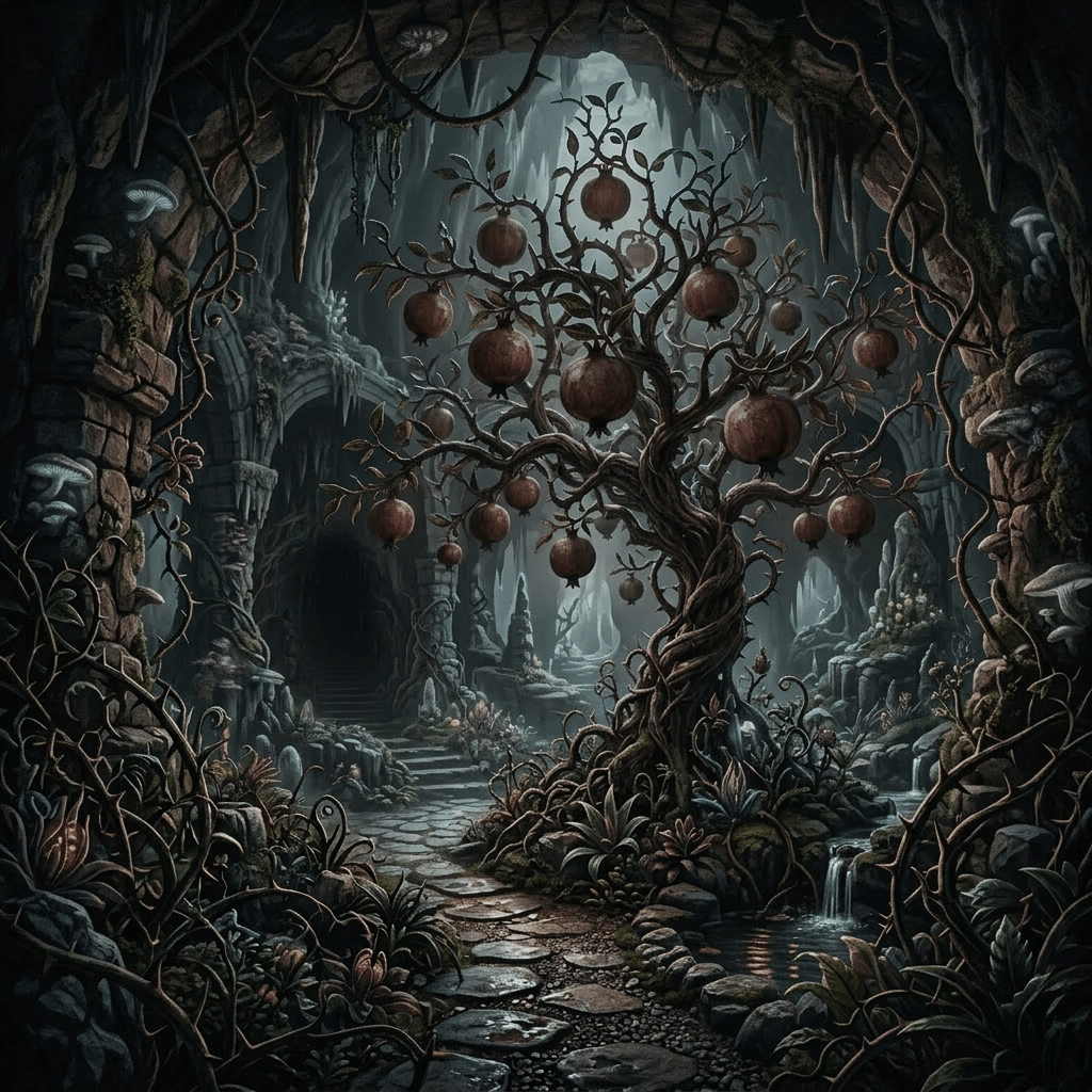Twisted tree bearing glowing pomegranates inside a cavernous area with luminescent plants and stone pathways