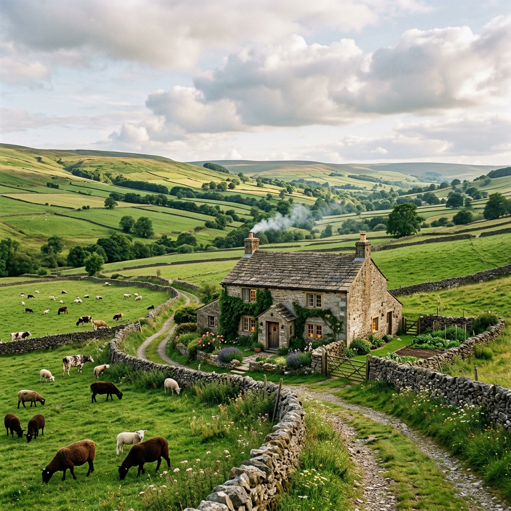 Cozy stone cottage in rolling green fields with grazing livestock