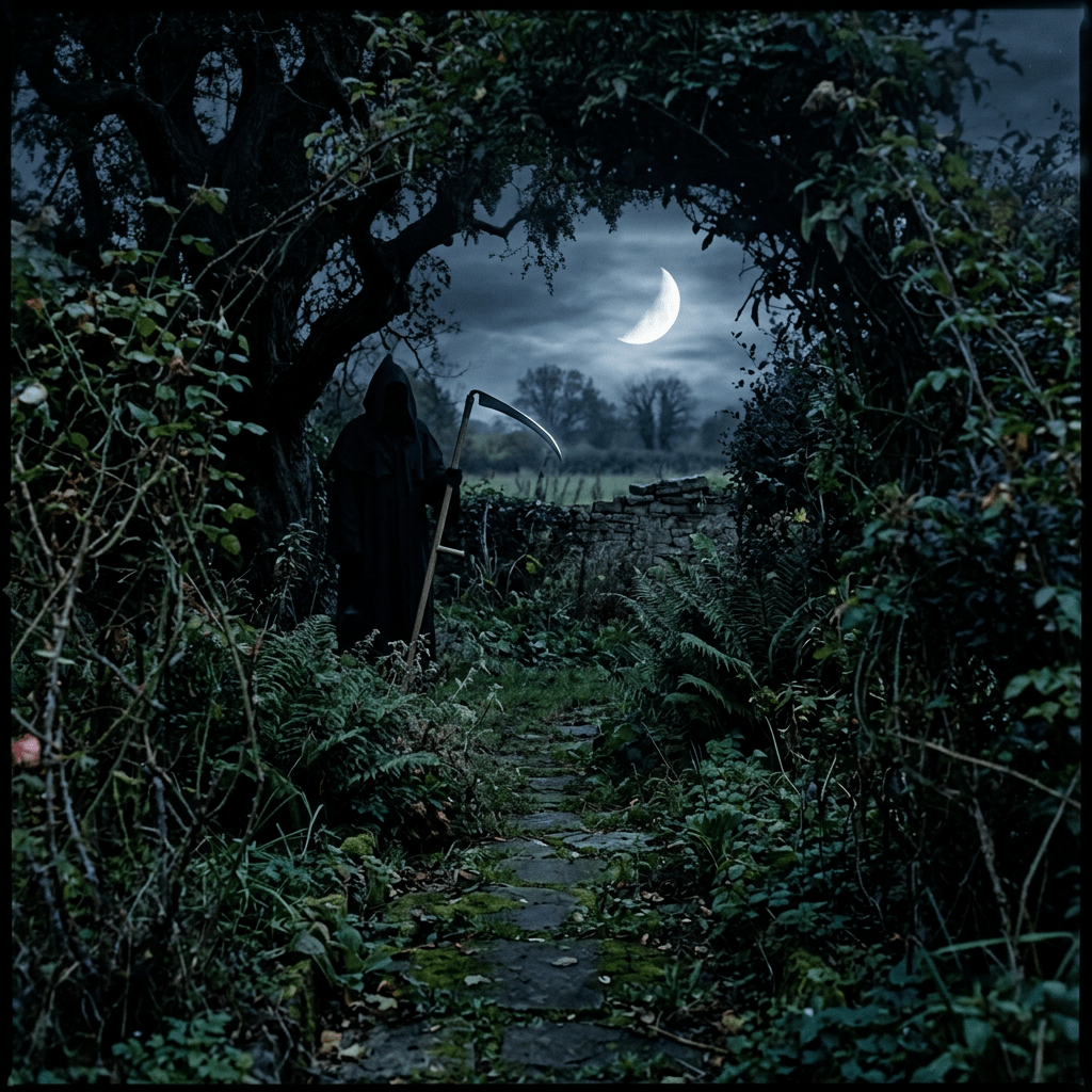 Hooded figure holding a scythe beneath trees under a crescent moon