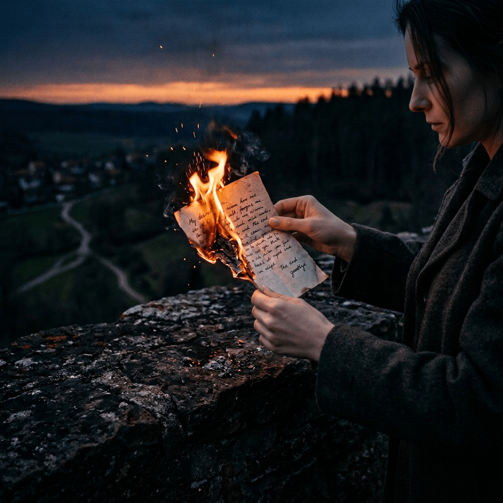 Man burning a handwritten letter on a mountain overlook at dusk