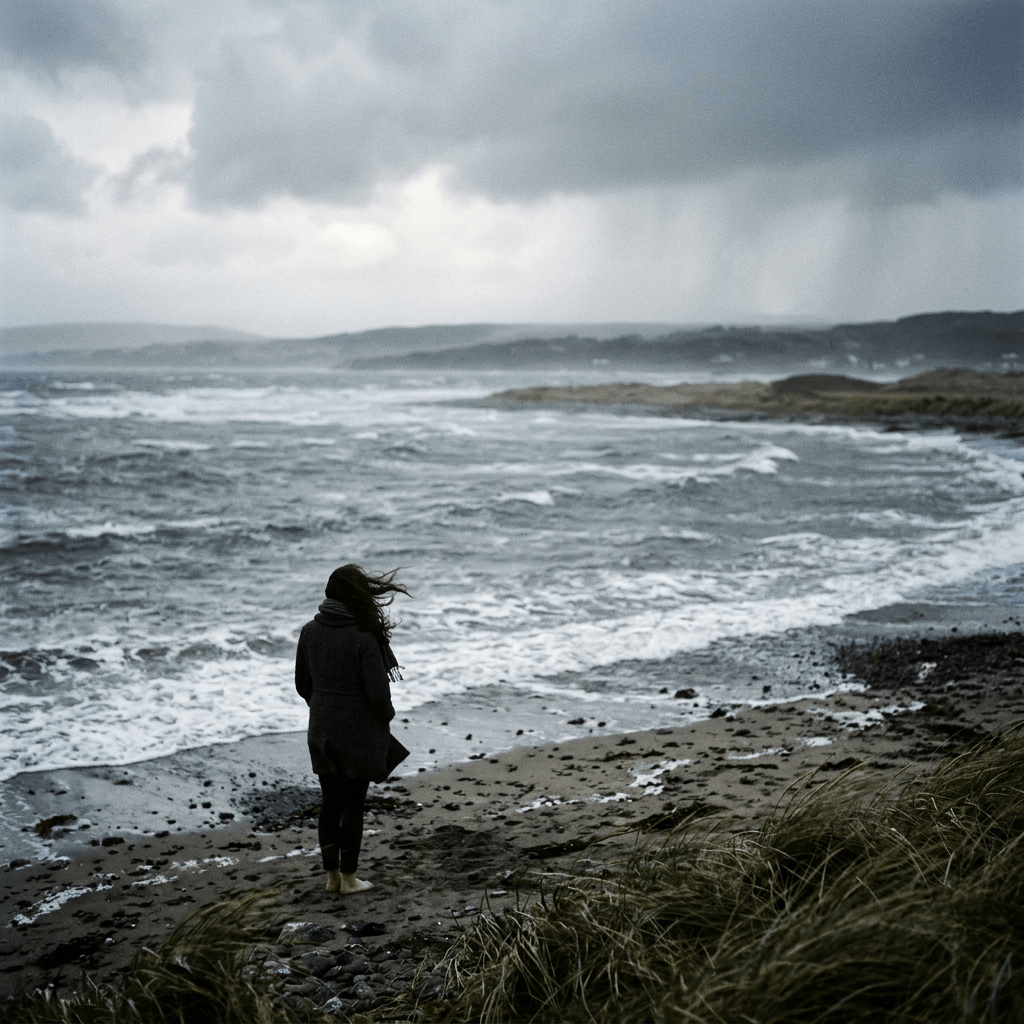 Person standing barefoot on a rocky beach beside rough waves