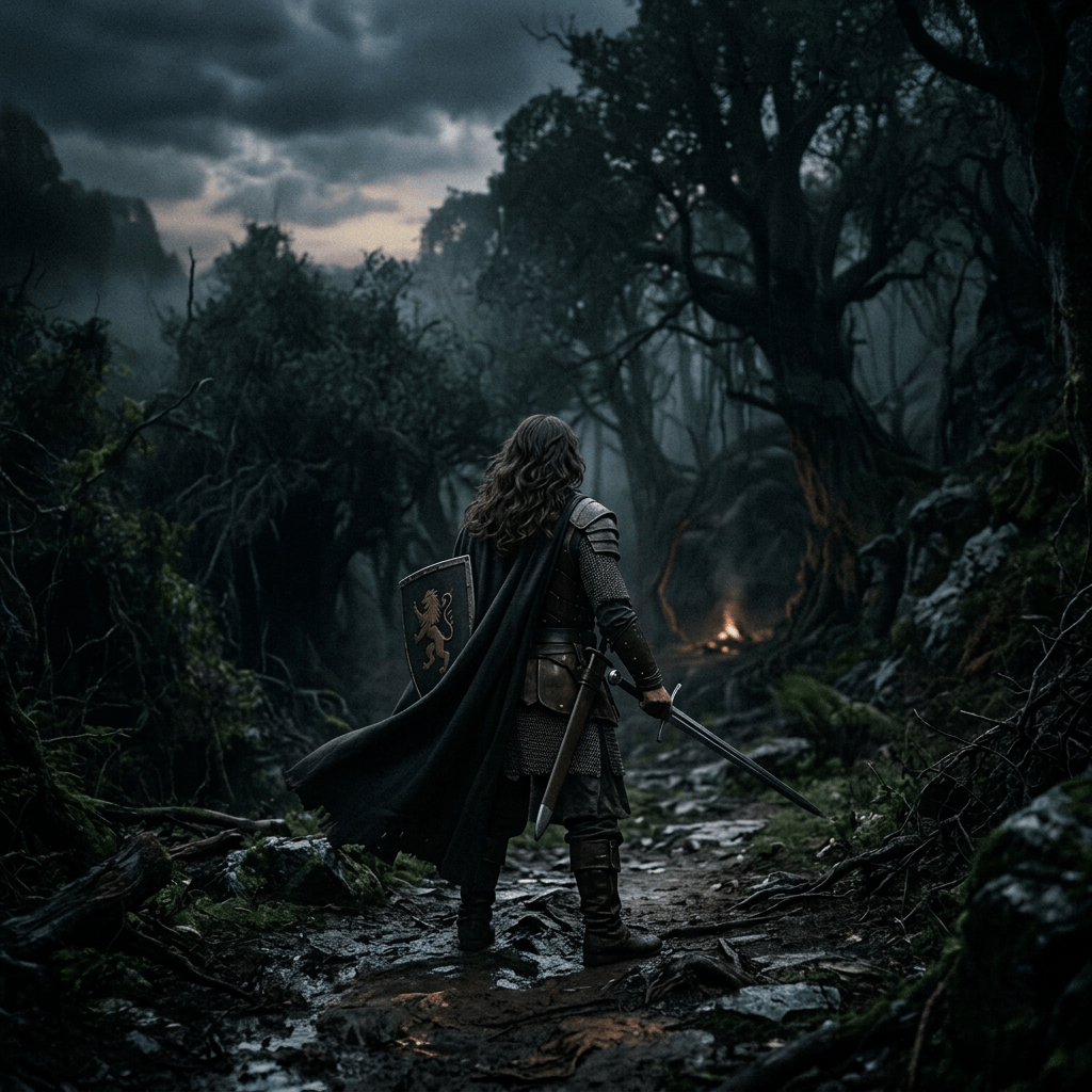 Armored warrior with sword and shield standing in a misty forest